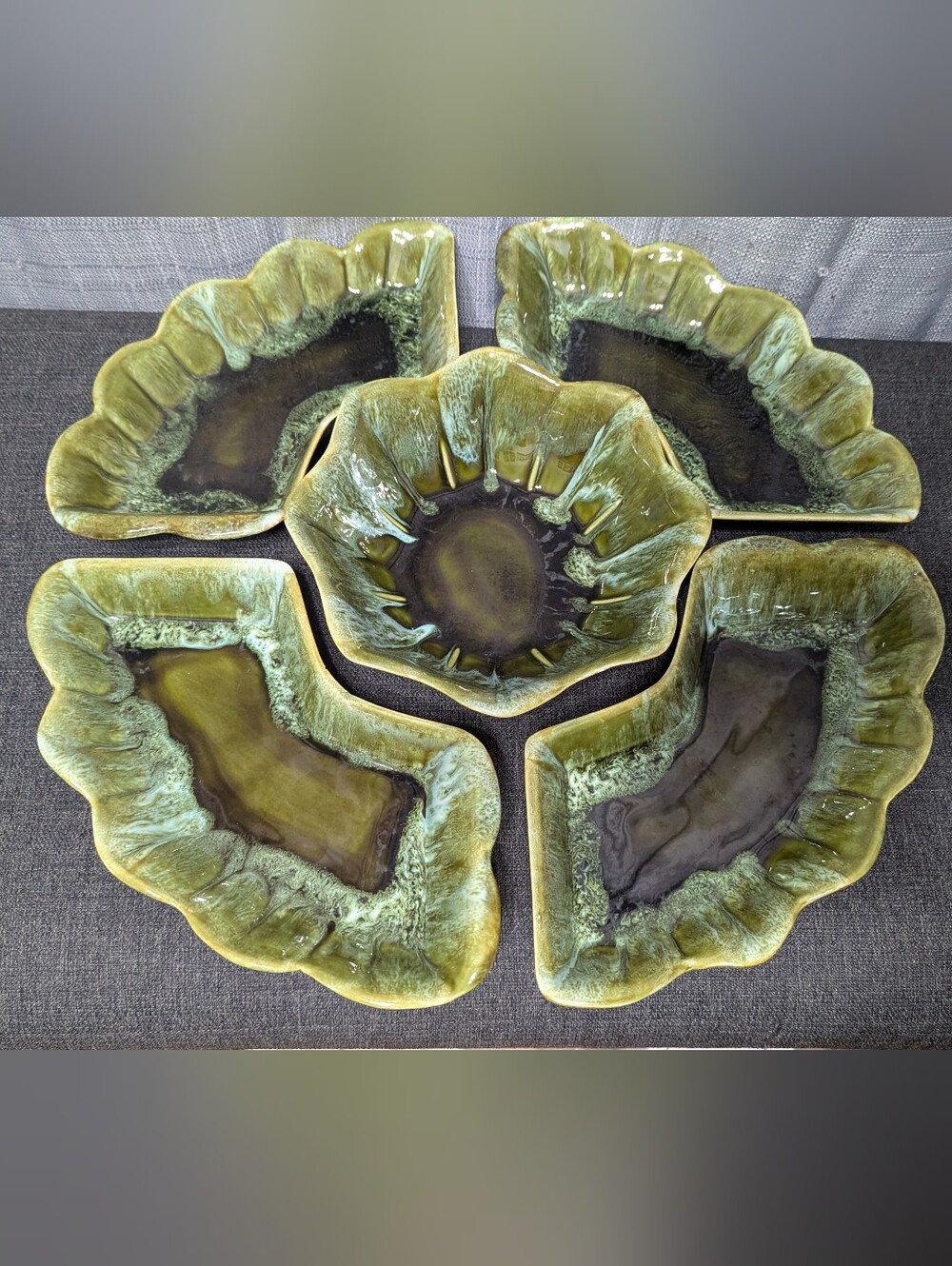 Wade Of California  - 5 Piece Serving Set - Vintage - Green Drip Glaze - VG Cond